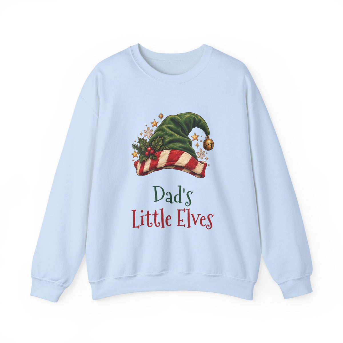 Light Blue Dad's Little Elves sweatshirt with a green elf hat and holly, front view