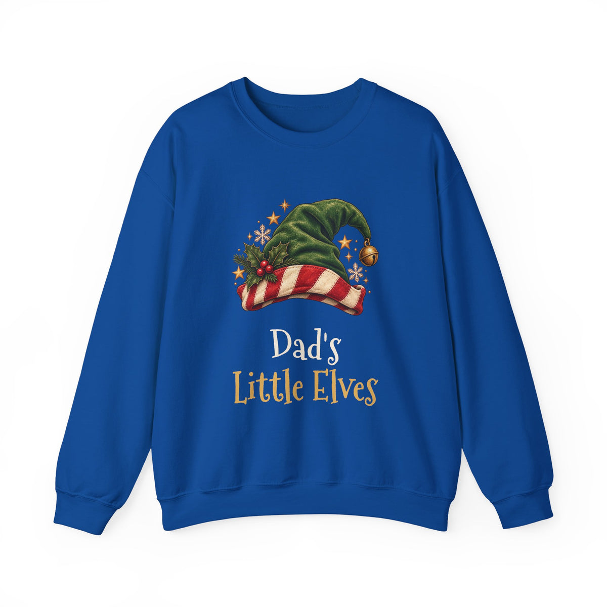 Royal Dad's Little Elves sweatshirt with a green elf hat and holly, front view