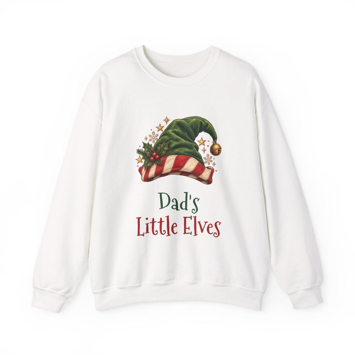 White Dad's Little Elves sweatshirt with a green elf hat and holly, front view