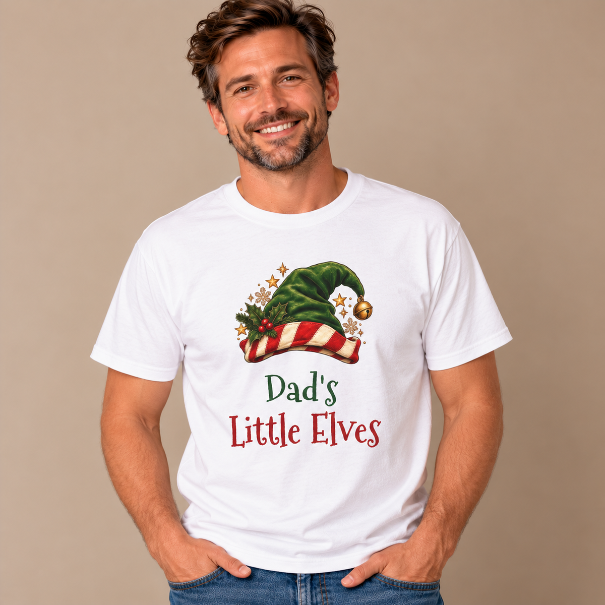 Man wearing the White Dad's Little Elves T-Shirt with jeans