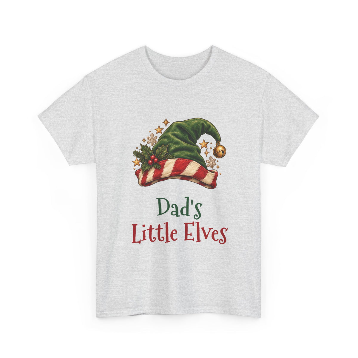Ash Dad's Little Elves t-shirt with a green elf hat and holly, front view