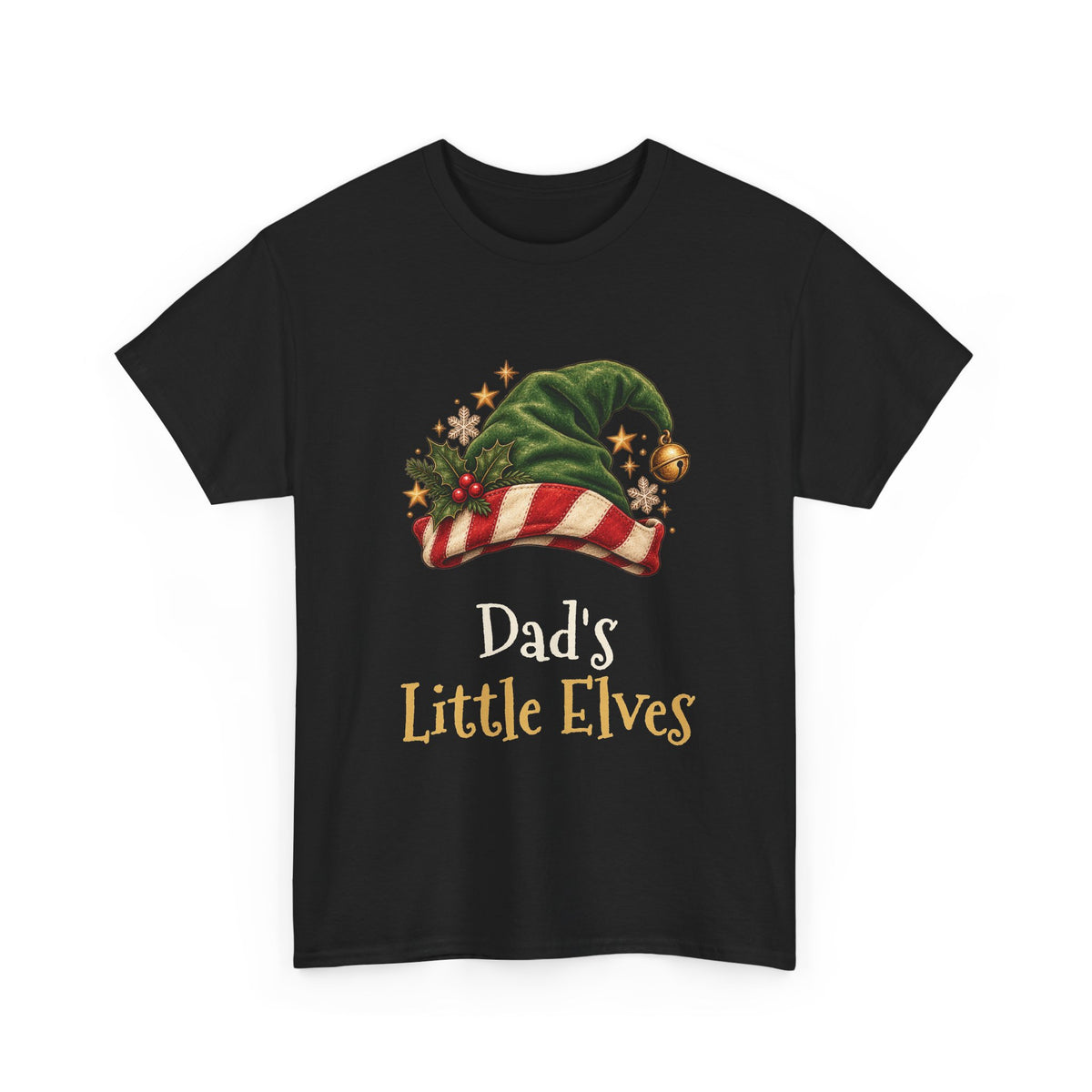 Black Dad's Little Elves t-shirt with a green elf hat and holly, front view
