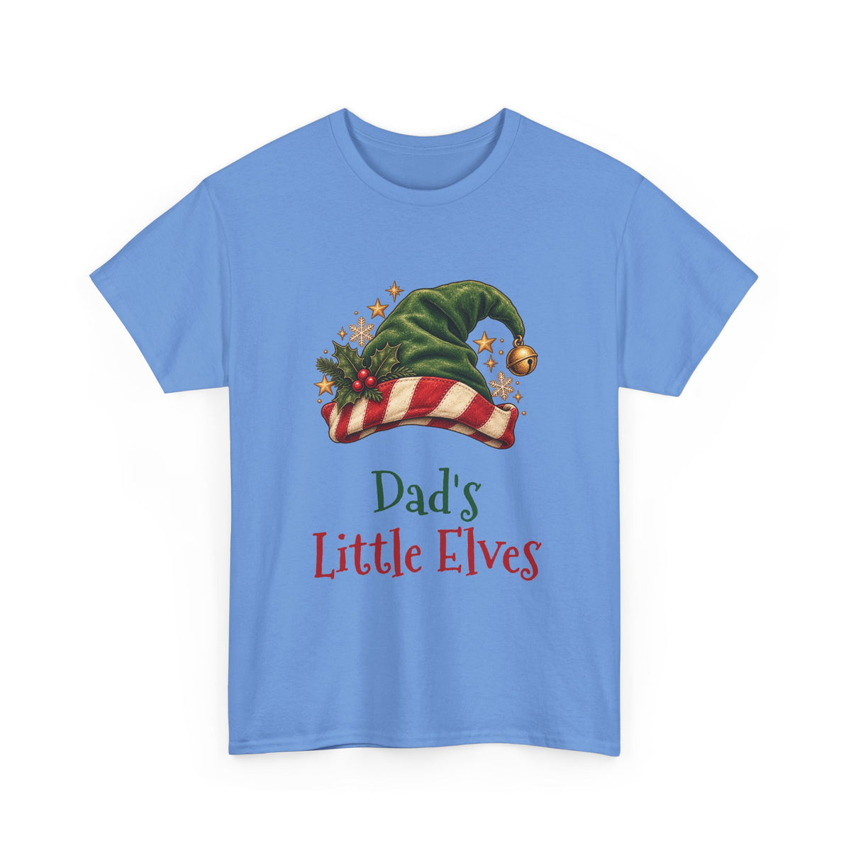 Carolina Blue Dad's Little Elves t-shirt with a green elf hat and holly, front view