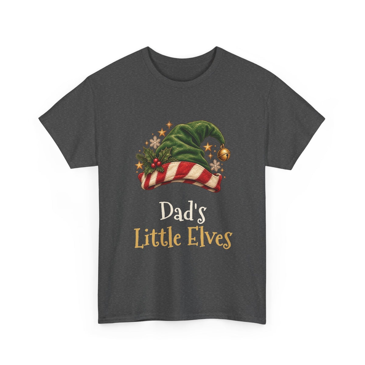 Dark Heather Dad's Little Elves t-shirt with a green elf hat and holly, front view