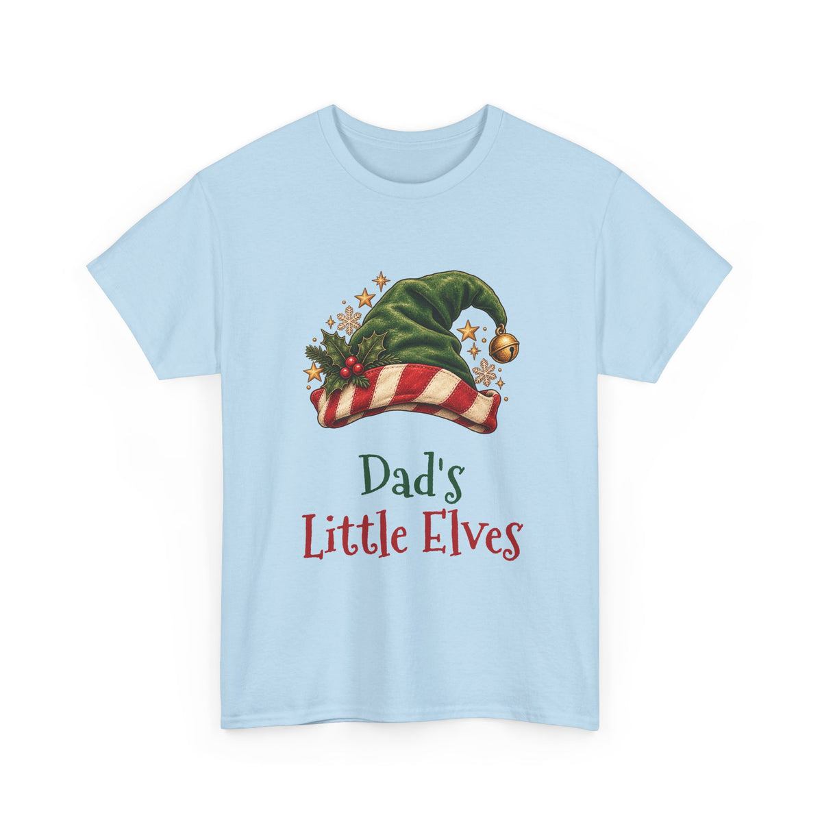 Light Blue Dad's Little Elves t-shirt with a green elf hat and holly, front view