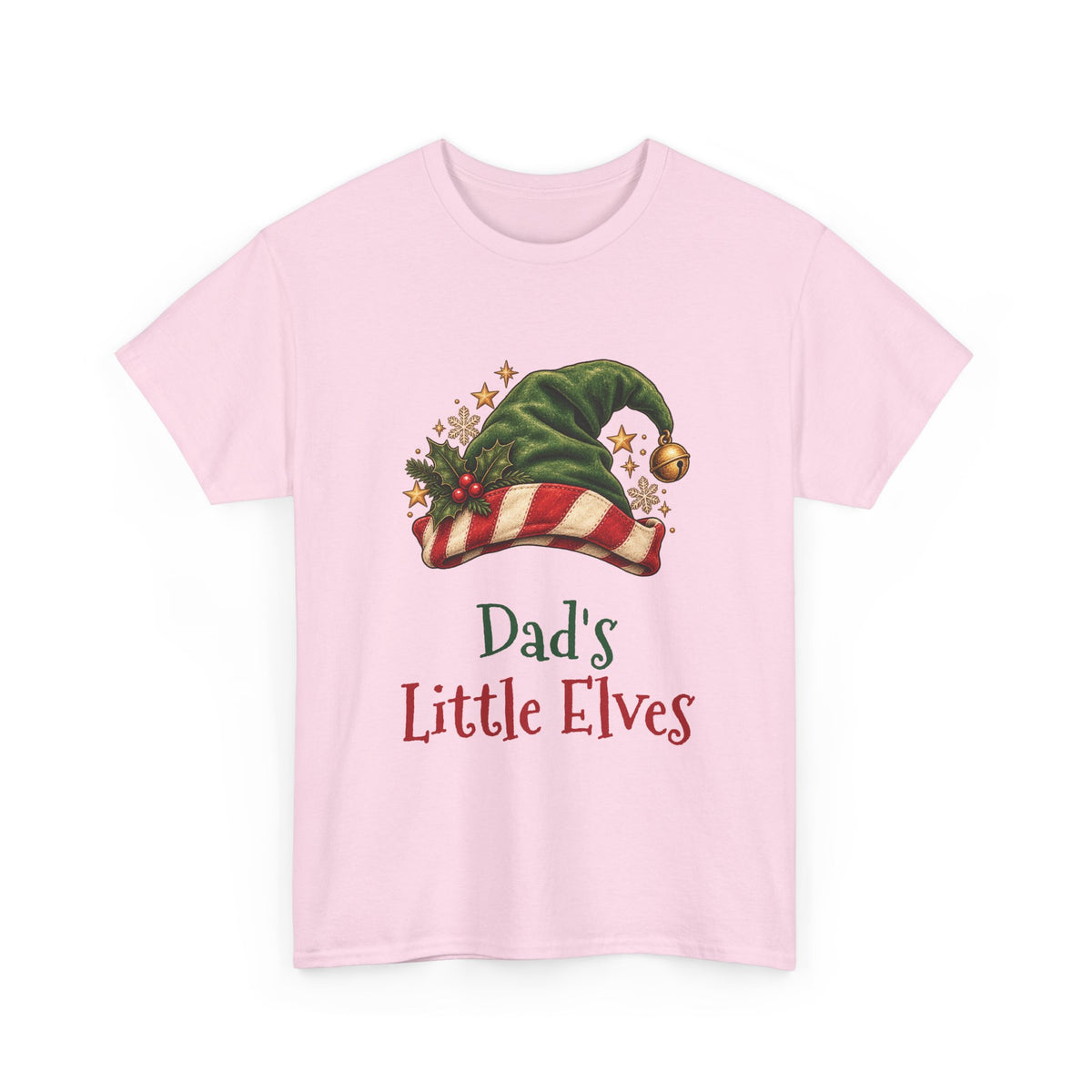 Light Pink Dad's Little Elves t-shirt with a green elf hat and holly, front view