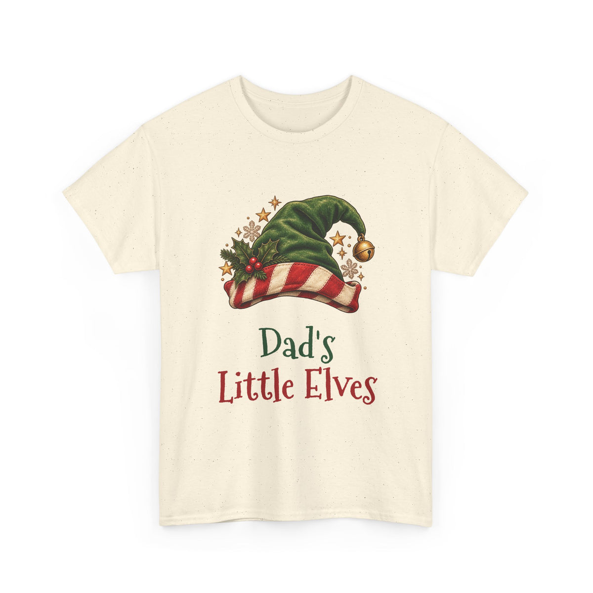 Natural Dad's Little Elves t-shirt with a green elf hat and holly, front view