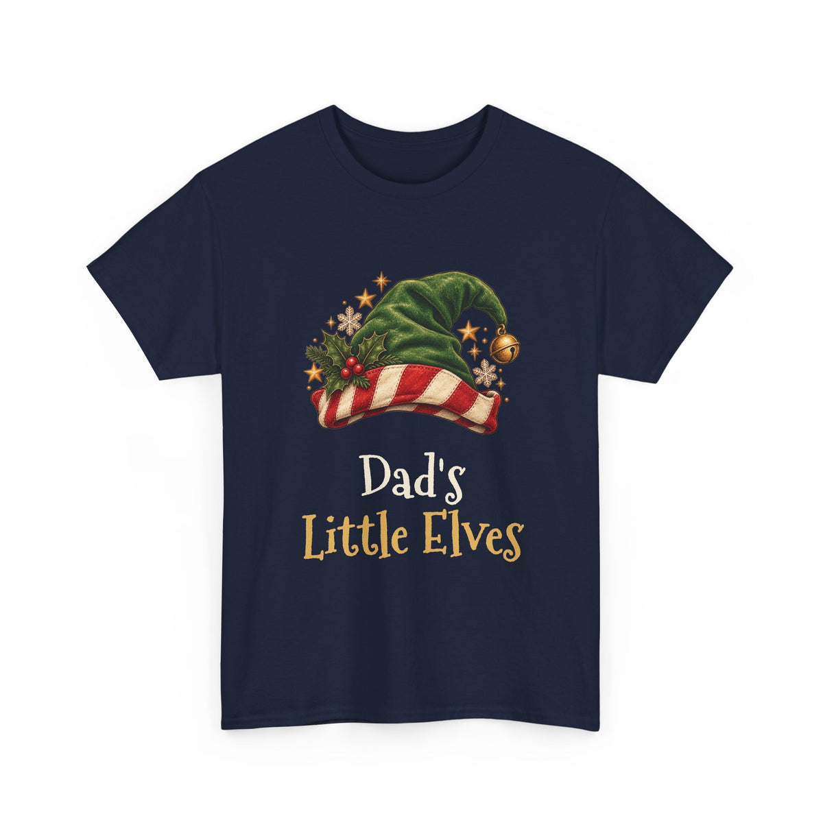 Navy Dad's Little Elves t-shirt with a green elf hat and holly, front view