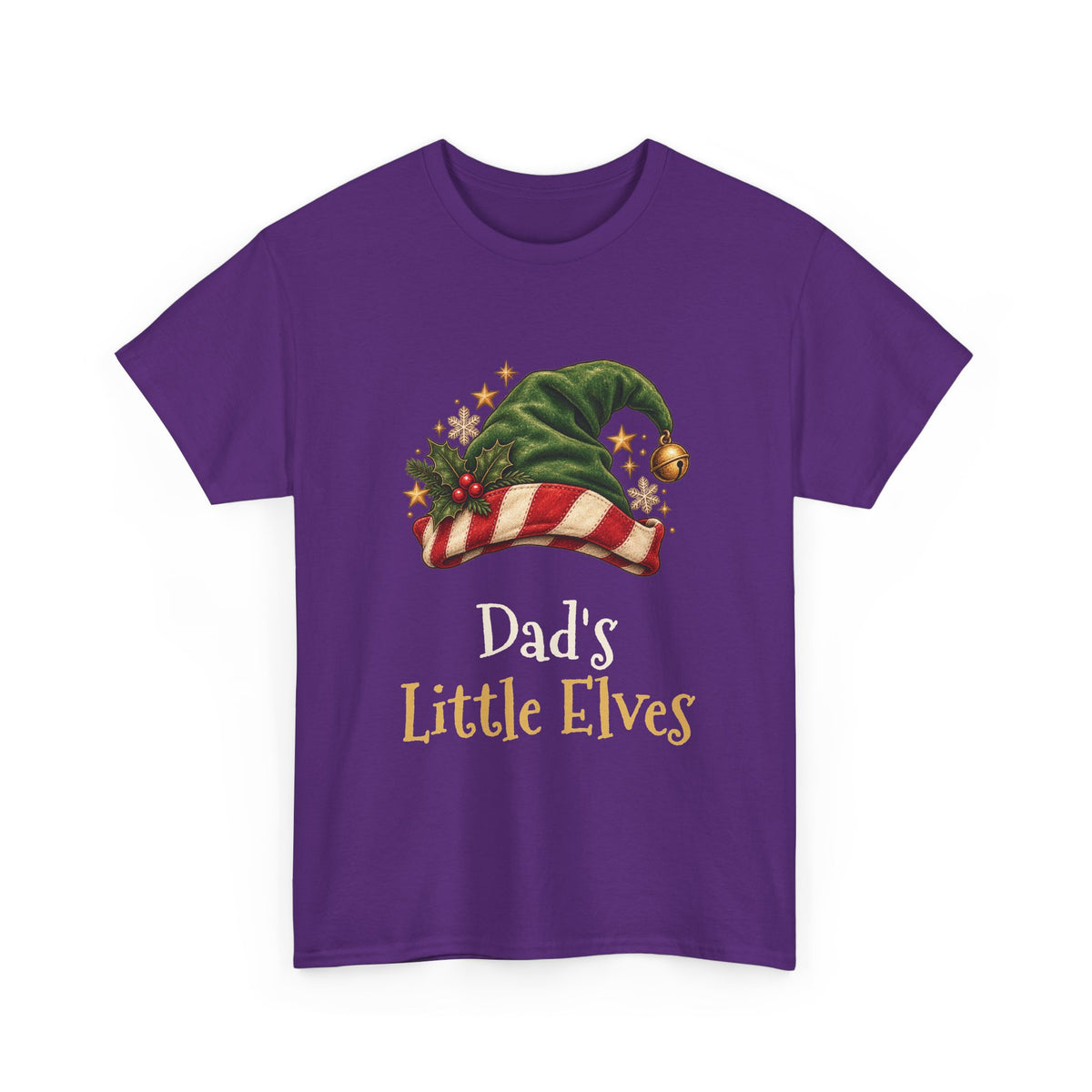 Purple Dad's Little Elves t-shirt with a green elf hat and holly, front view