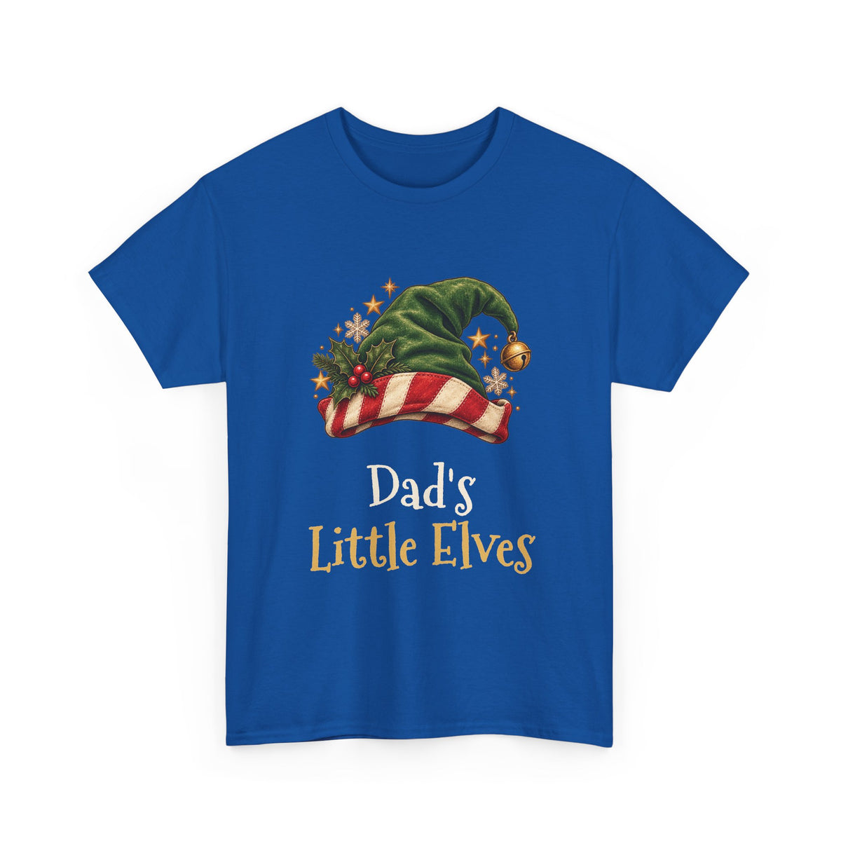 Royal Dad's Little Elves t-shirt with a green elf hat and holly, front view