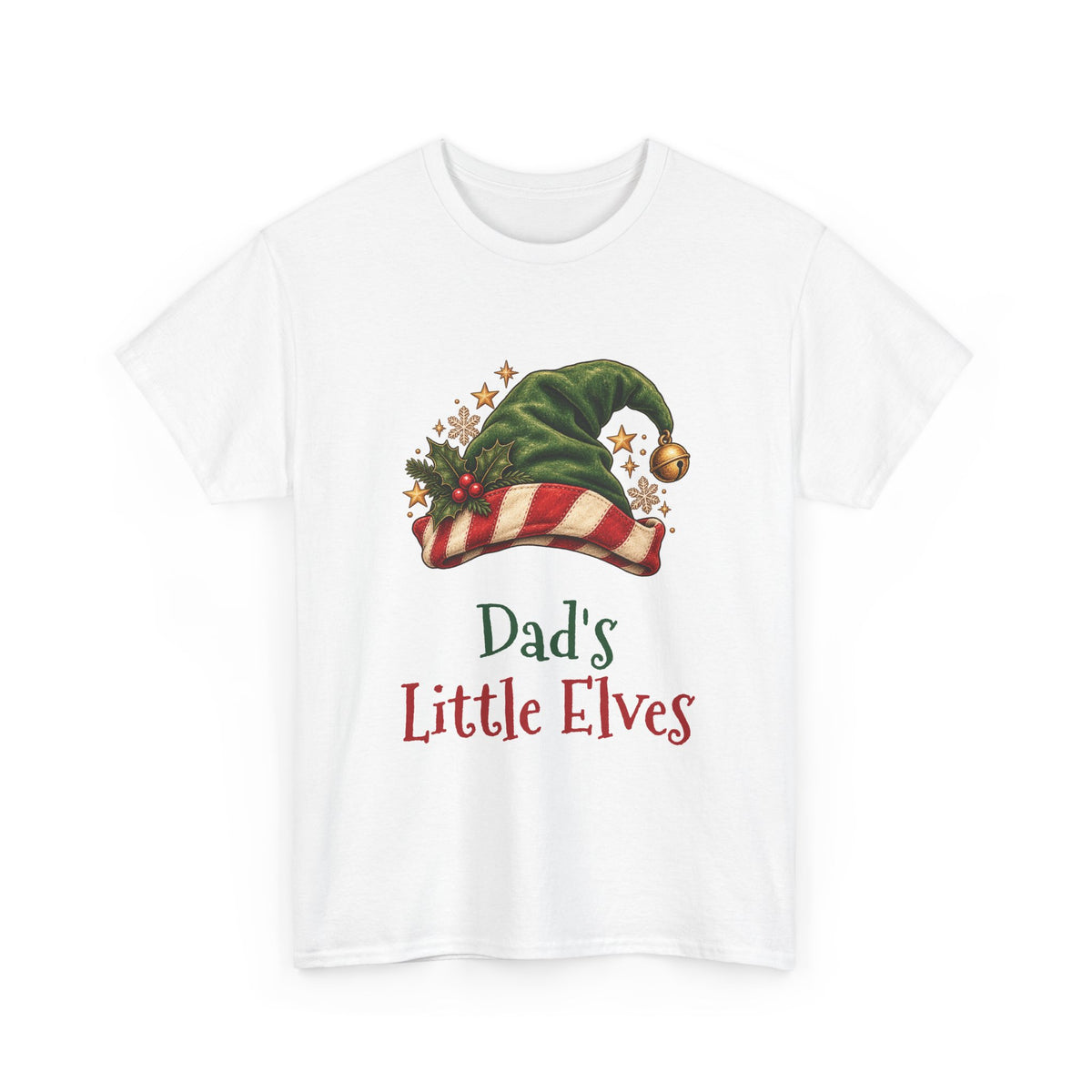 White Dad's Little Elves t-shirt with a green elf hat and holly, front view