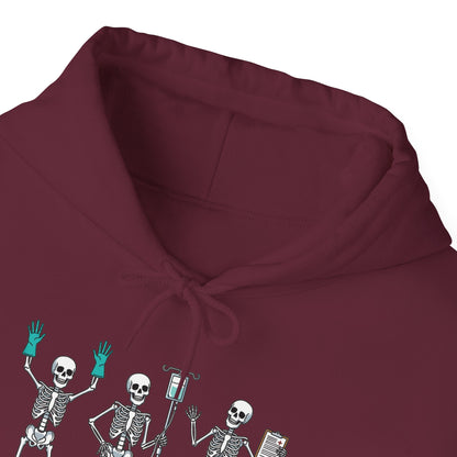 Dancing skeleton nurse hoodie, hood and print detail
