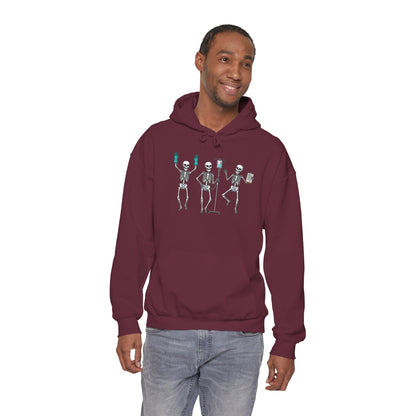 Man wearing the Dancing skeleton nurse hoodie, front view