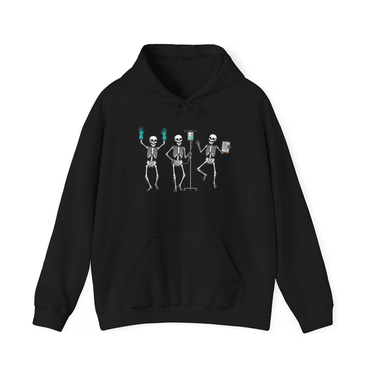 Black Dancing skeleton nurse hoodie with three dancing skeletons in teal gloves, front view