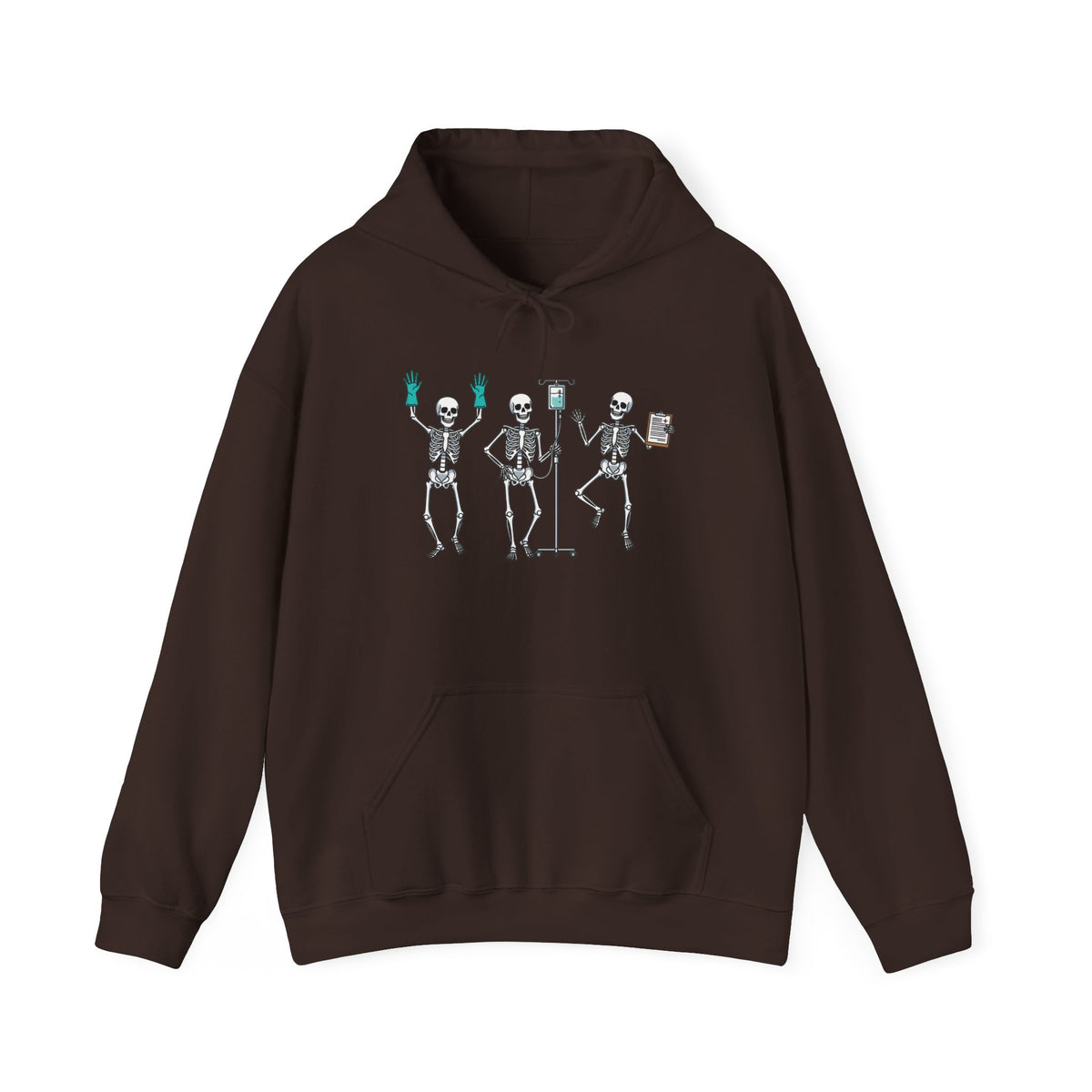 Dark Chocolate Dancing skeleton nurse hoodie with three dancing skeletons in teal gloves, front view