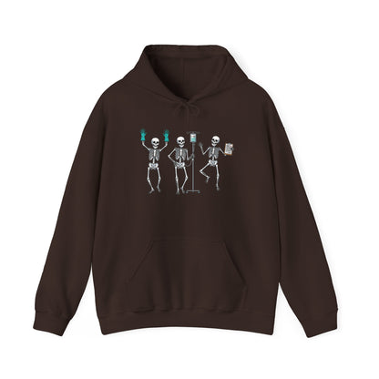 Dark Chocolate Dancing skeleton nurse hoodie with three dancing skeletons in teal gloves, front view
