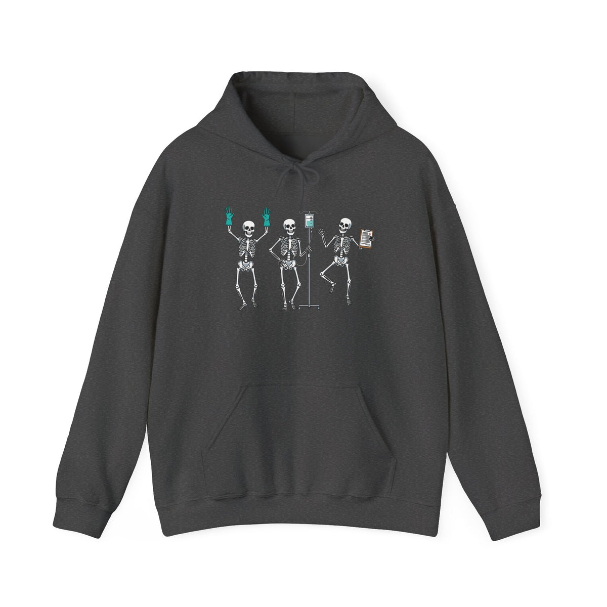 Dark Heather Dancing skeleton nurse hoodie with three dancing skeletons in teal gloves, front view