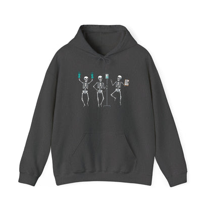 Dark Heather Dancing skeleton nurse hoodie with three dancing skeletons in teal gloves, front view