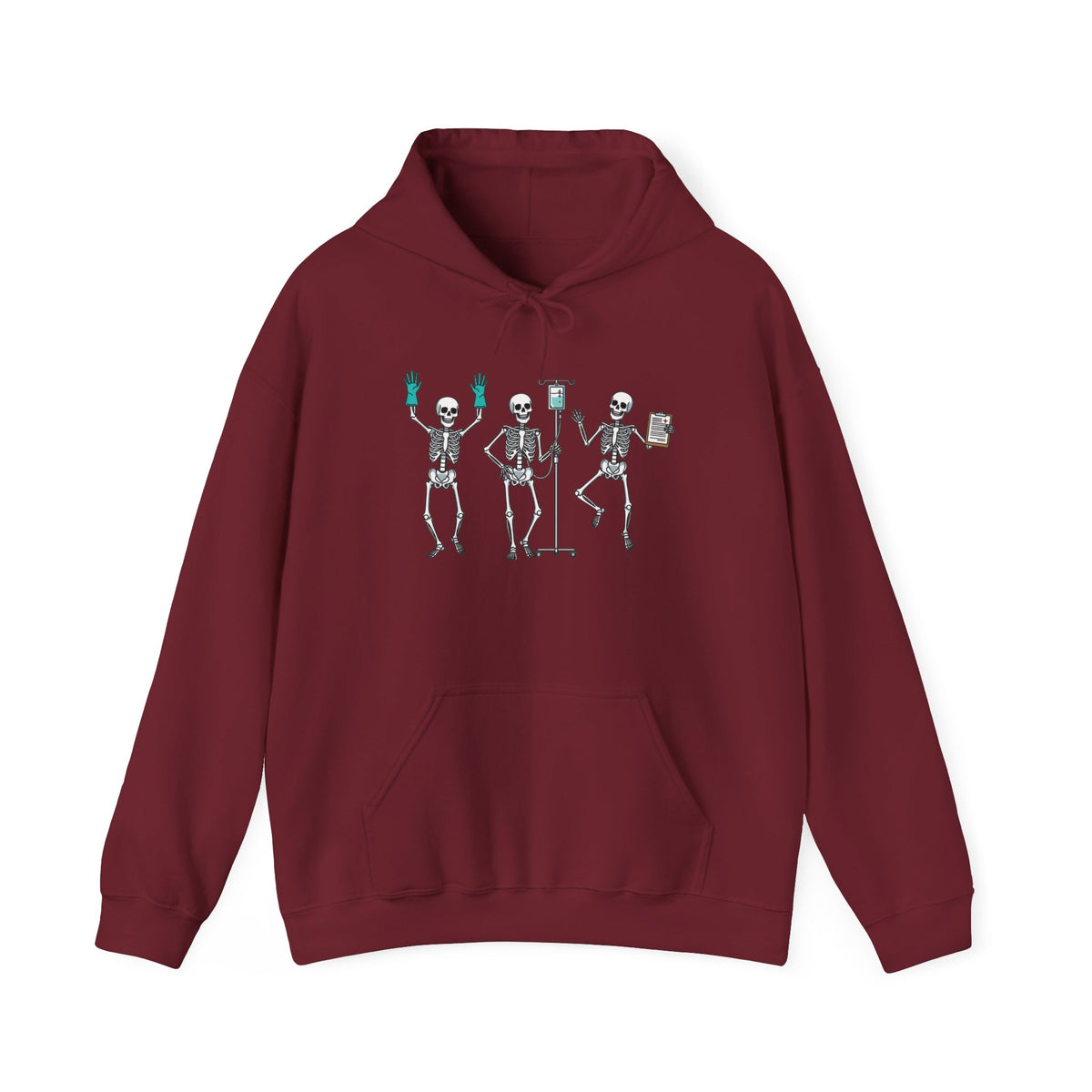 Garnet Dancing skeleton nurse hoodie with three dancing skeletons in teal gloves, front view