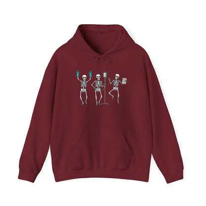 Garnet Dancing skeleton nurse hoodie with three dancing skeletons in teal gloves, front view