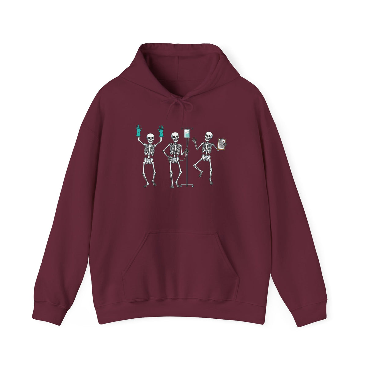 Maroon Dancing skeleton nurse hoodie with three dancing skeletons in teal gloves, front view