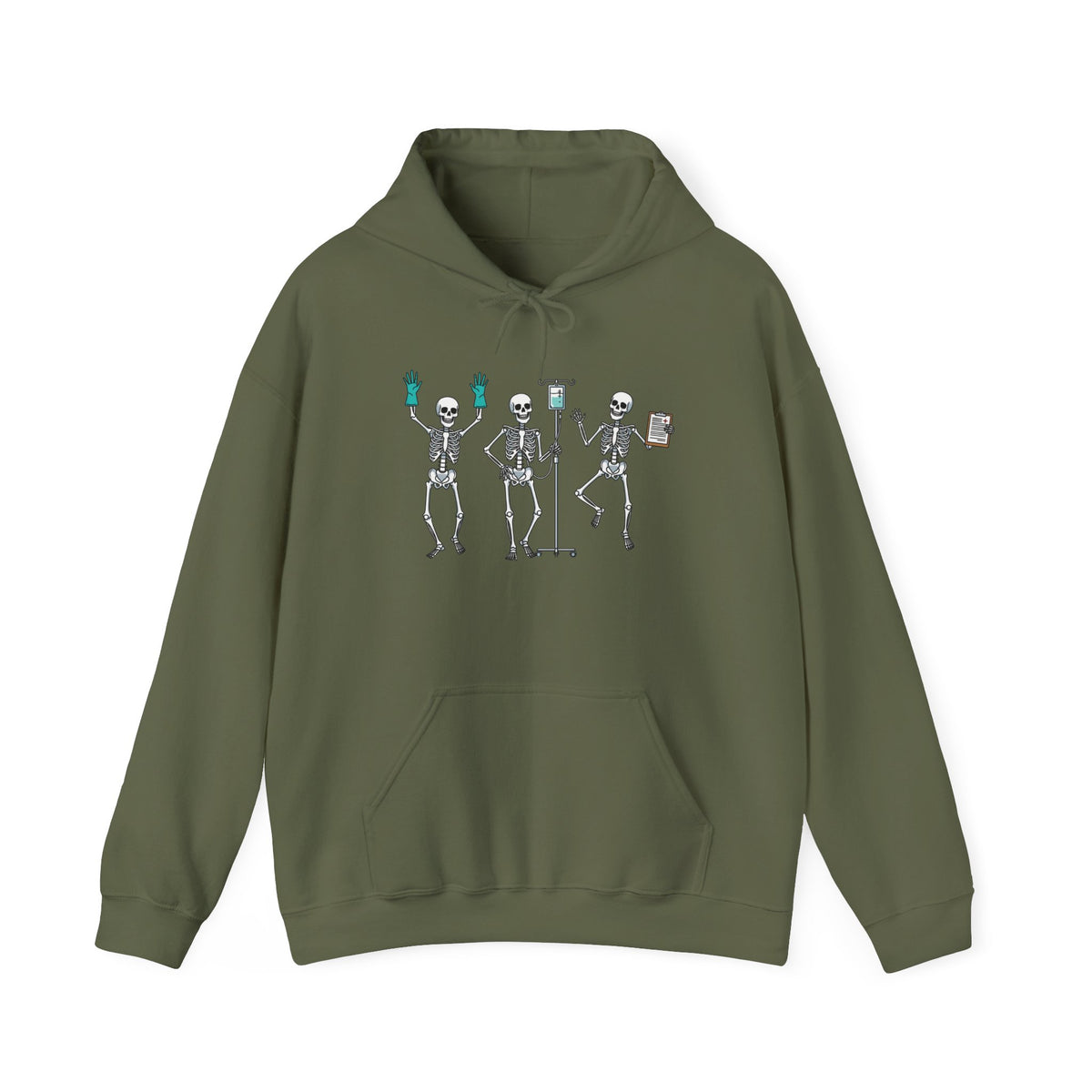 Military Green Dancing skeleton nurse hoodie with three dancing skeletons in teal gloves, front view