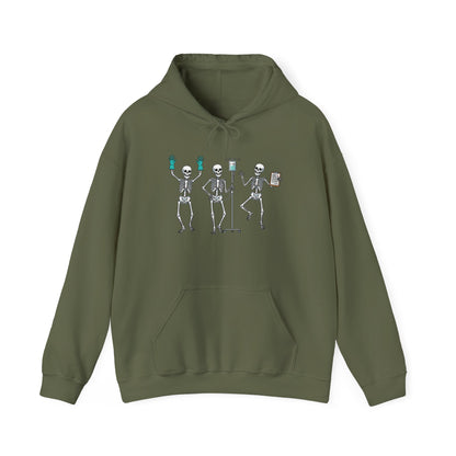 Military Green Dancing skeleton nurse hoodie with three dancing skeletons in teal gloves, front view