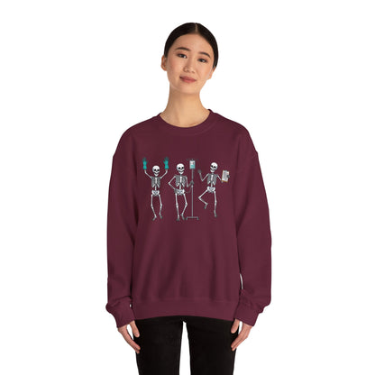 Woman wearing the Dancing skeleton nurse sweatshirt, front view