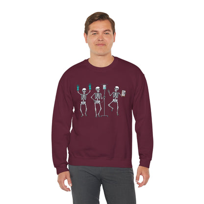 Man wearing the Dancing skeleton nurse sweatshirt, front view