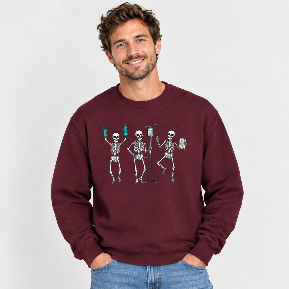 Man wearing the Dancing skeleton nurse sweatshirt, hands in pocket