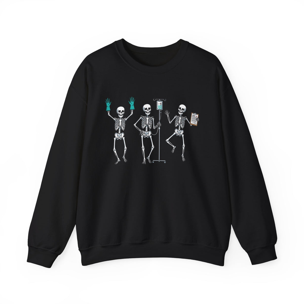 Black Dancing skeleton nurse sweatshirt with three dancing skeletons in teal gloves, front view