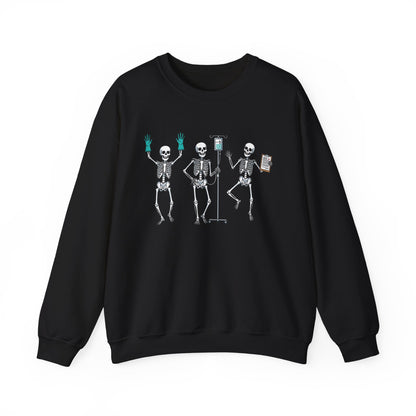 Black Dancing skeleton nurse sweatshirt with three dancing skeletons in teal gloves, front view