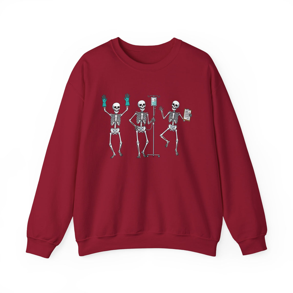 Cardinal Red Dancing skeleton nurse sweatshirt with three dancing skeletons in teal gloves, front view
