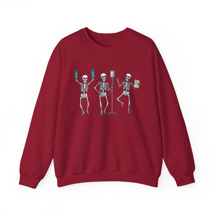Cardinal Red Dancing skeleton nurse sweatshirt with three dancing skeletons in teal gloves, front view