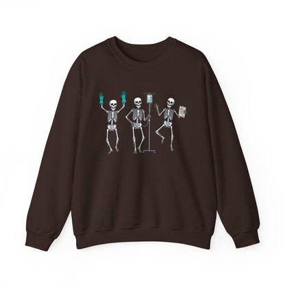 Dark Chocolate Dancing skeleton nurse sweatshirt with three dancing skeletons in teal gloves, front view