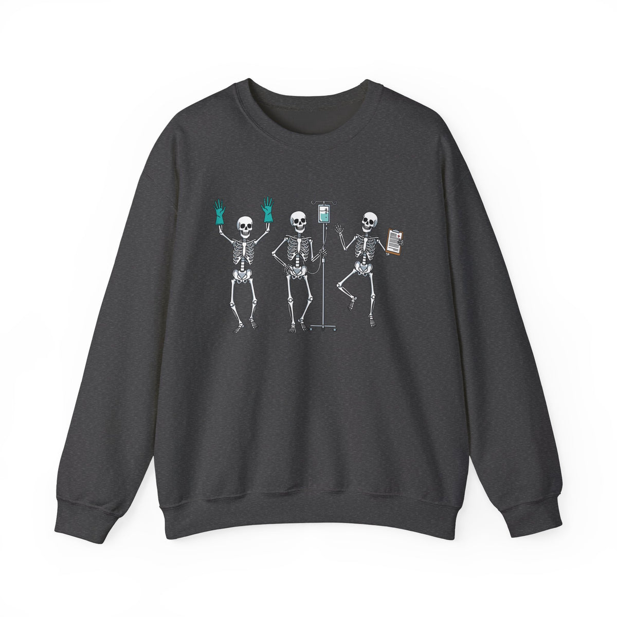 Dark Heather Dancing skeleton nurse sweatshirt with three dancing skeletons in teal gloves, front view