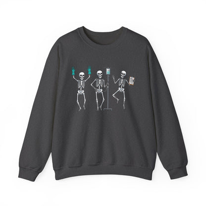 Dark Heather Dancing skeleton nurse sweatshirt with three dancing skeletons in teal gloves, front view