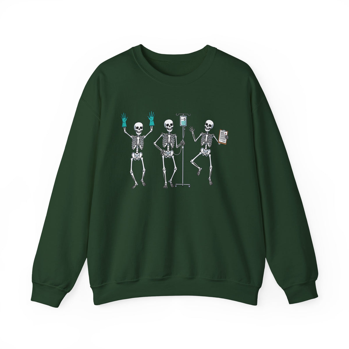 Forest Green Dancing skeleton nurse sweatshirt with three dancing skeletons in teal gloves, front view
