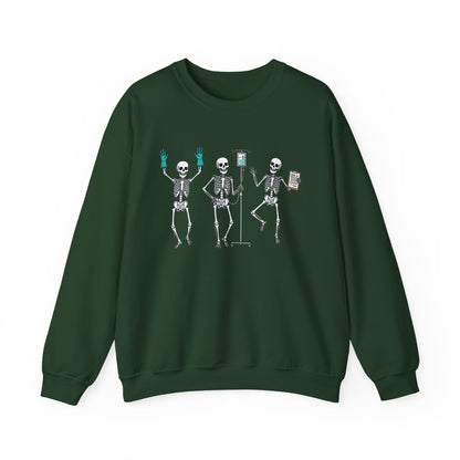 Forest Green Dancing skeleton nurse sweatshirt with three dancing skeletons in teal gloves, front view