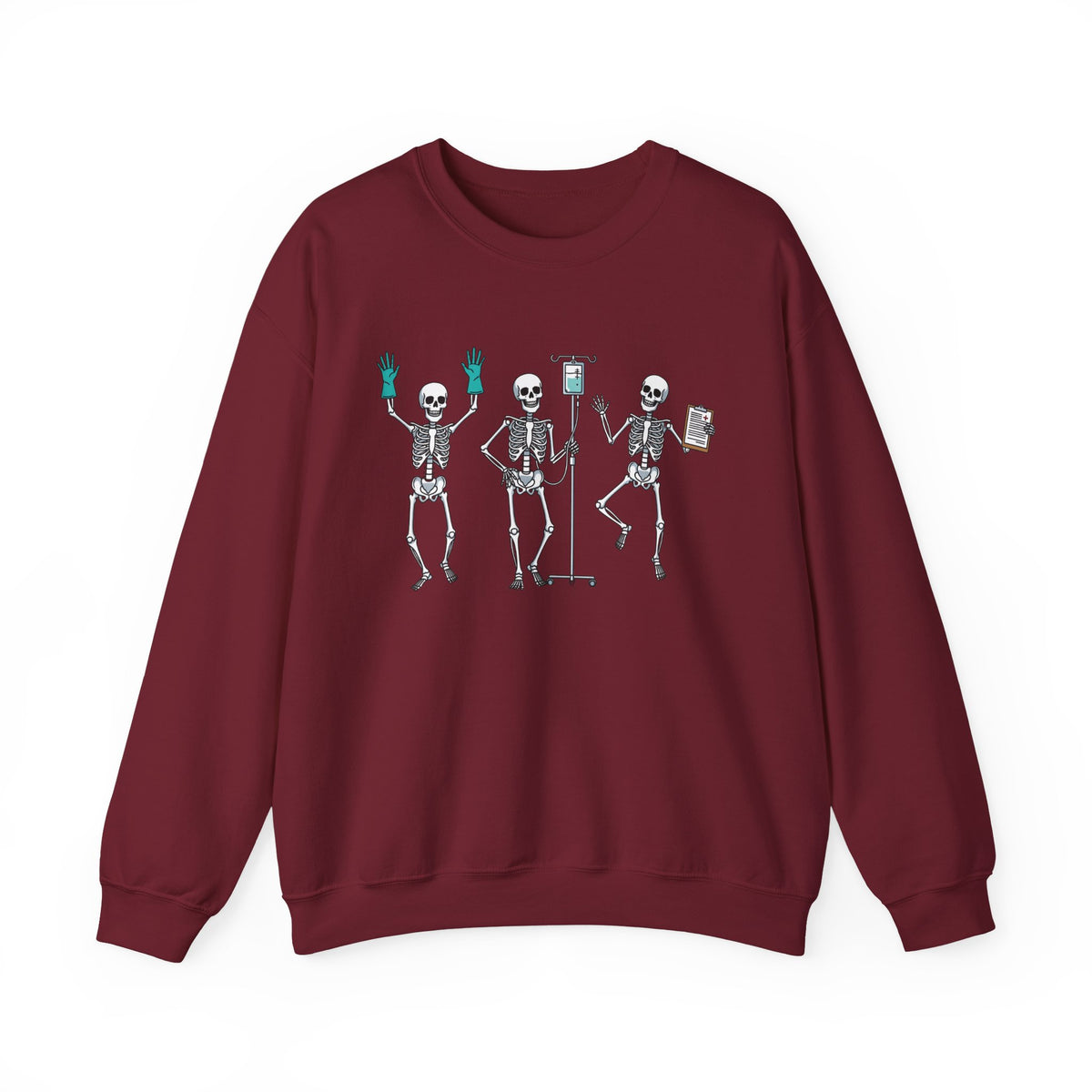 Garnet Dancing skeleton nurse sweatshirt with three dancing skeletons in teal gloves, front view