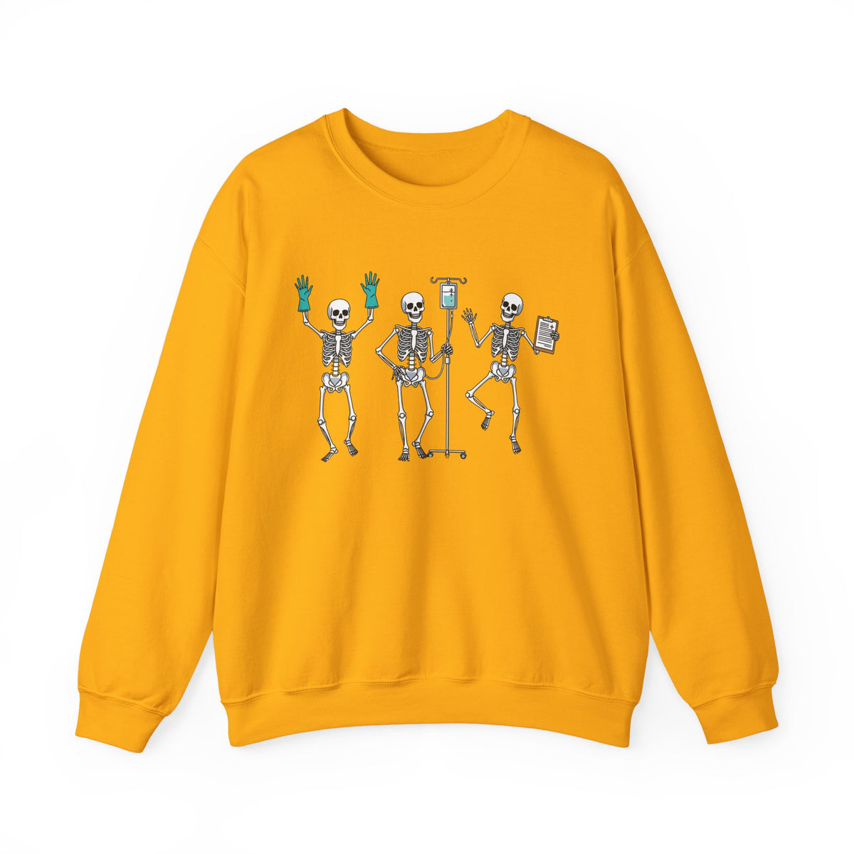 Gold Dancing skeleton nurse sweatshirt with three dancing skeletons in teal gloves, front view