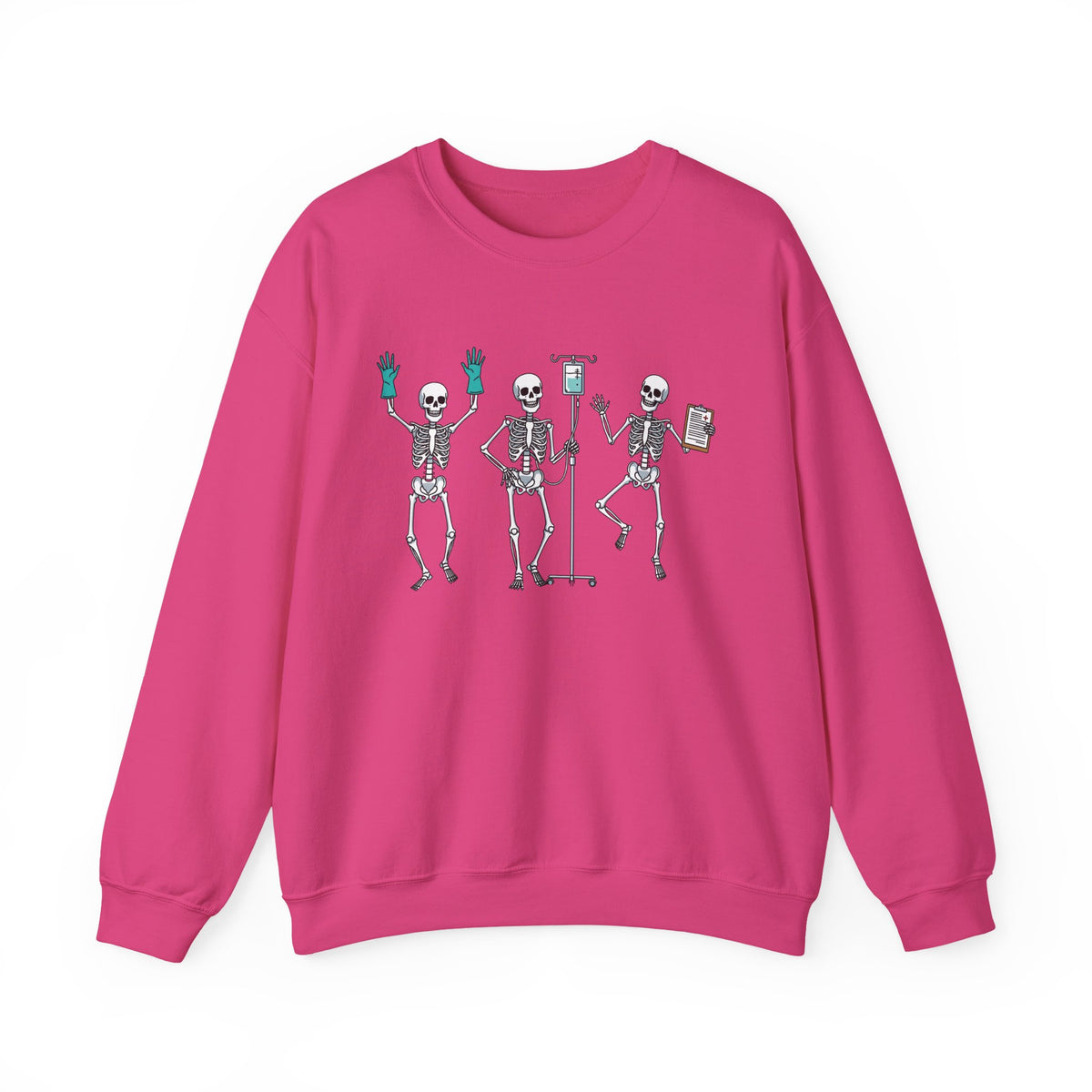 Heliconia Dancing skeleton nurse sweatshirt with three dancing skeletons in teal gloves, front view