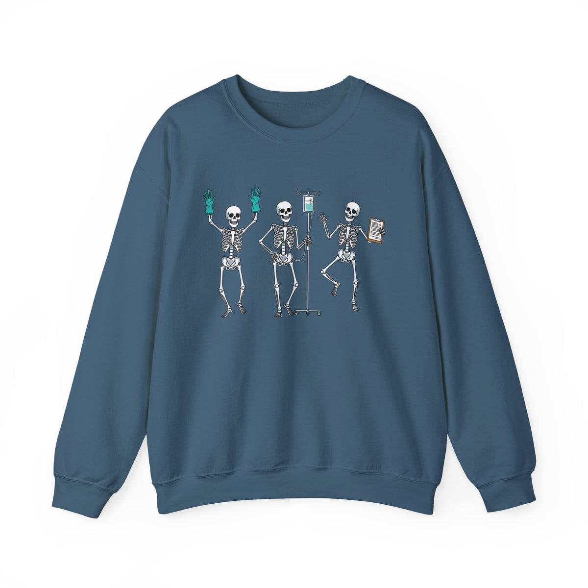 Indigo Blue Dancing skeleton nurse sweatshirt with three dancing skeletons in teal gloves, front view