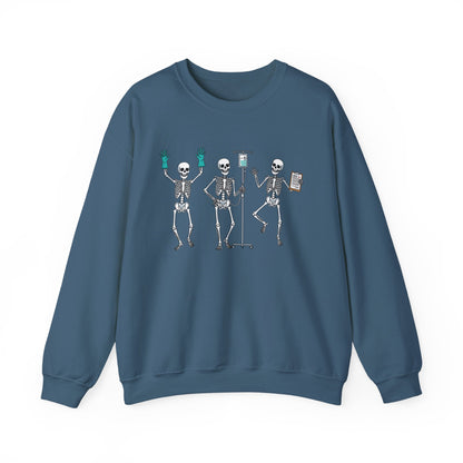 Indigo Blue Dancing skeleton nurse sweatshirt with three dancing skeletons in teal gloves, front view