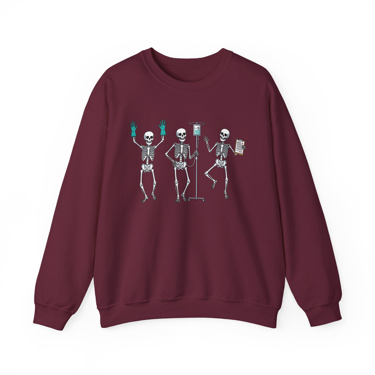 Maroon Dancing skeleton nurse sweatshirt with three dancing skeletons in teal gloves, front view