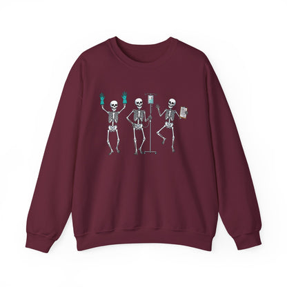 Maroon Dancing skeleton nurse sweatshirt with three dancing skeletons in teal gloves, front view