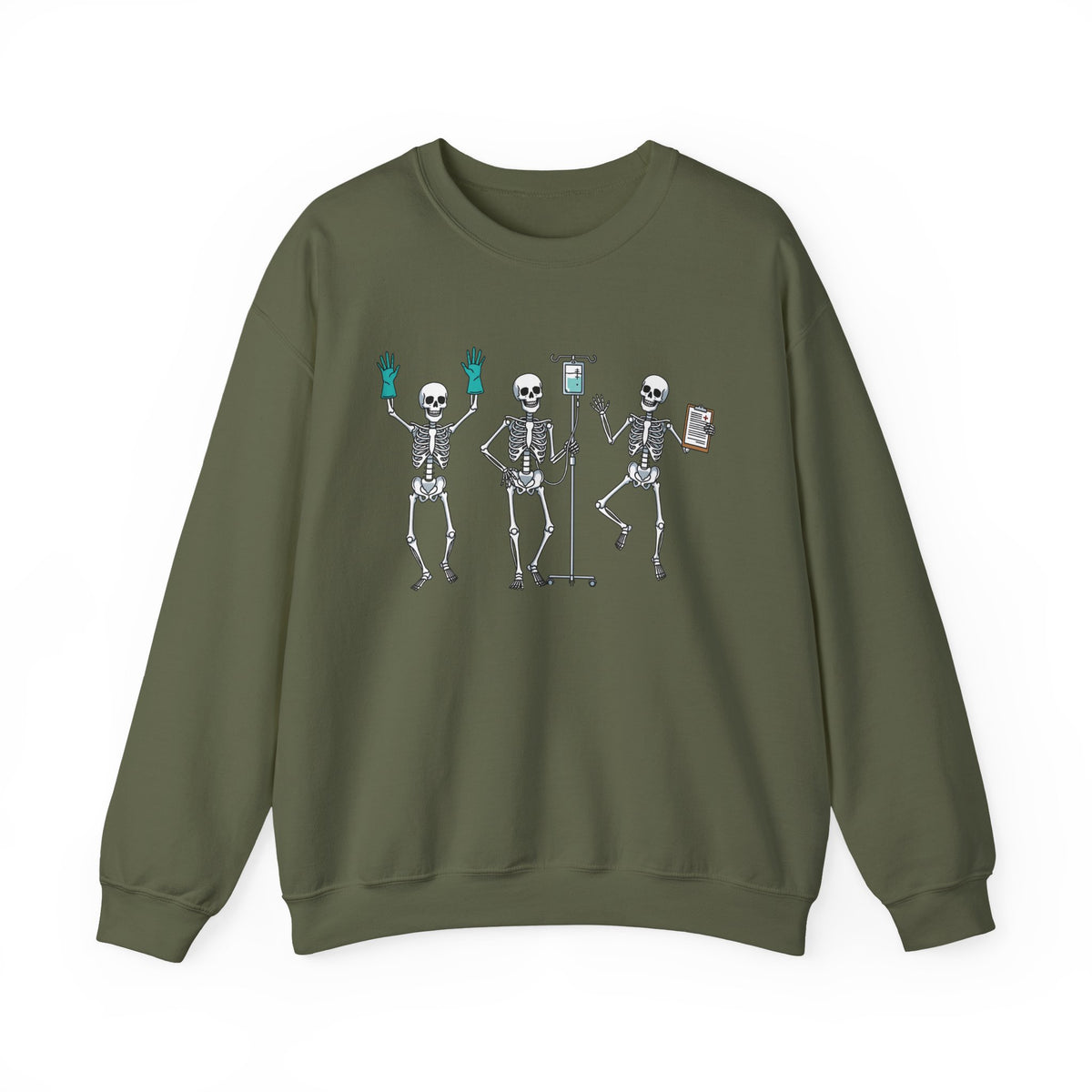 Military Green Dancing skeleton nurse sweatshirt with three dancing skeletons in teal gloves, front view