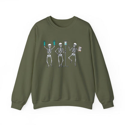 Military Green Dancing skeleton nurse sweatshirt with three dancing skeletons in teal gloves, front view