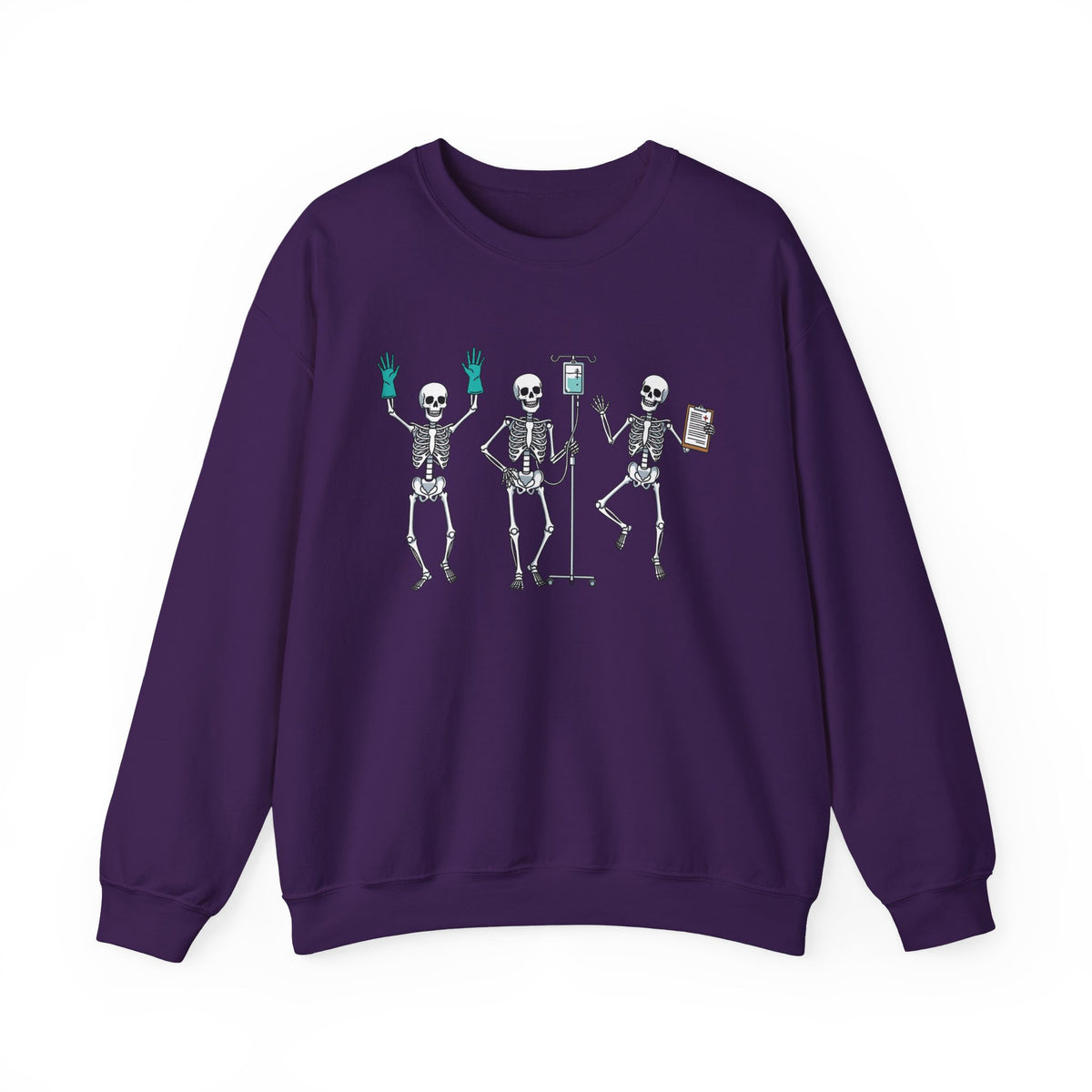 Purple Dancing skeleton nurse sweatshirt with three dancing skeletons in teal gloves, front view