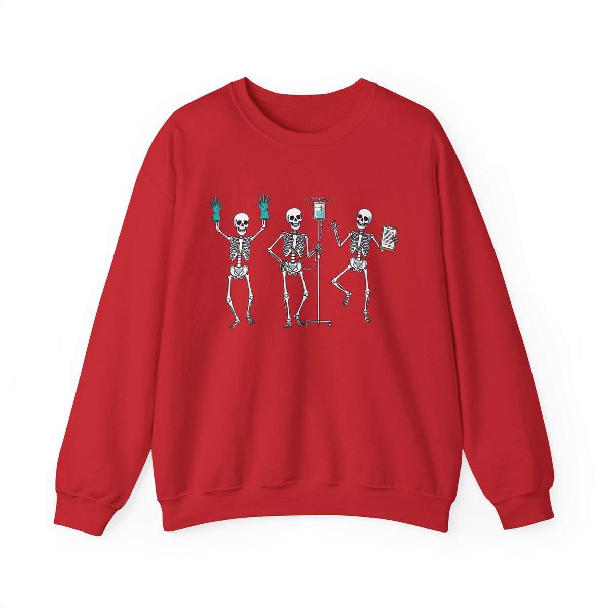 Red Dancing skeleton nurse sweatshirt with three dancing skeletons in teal gloves, front view